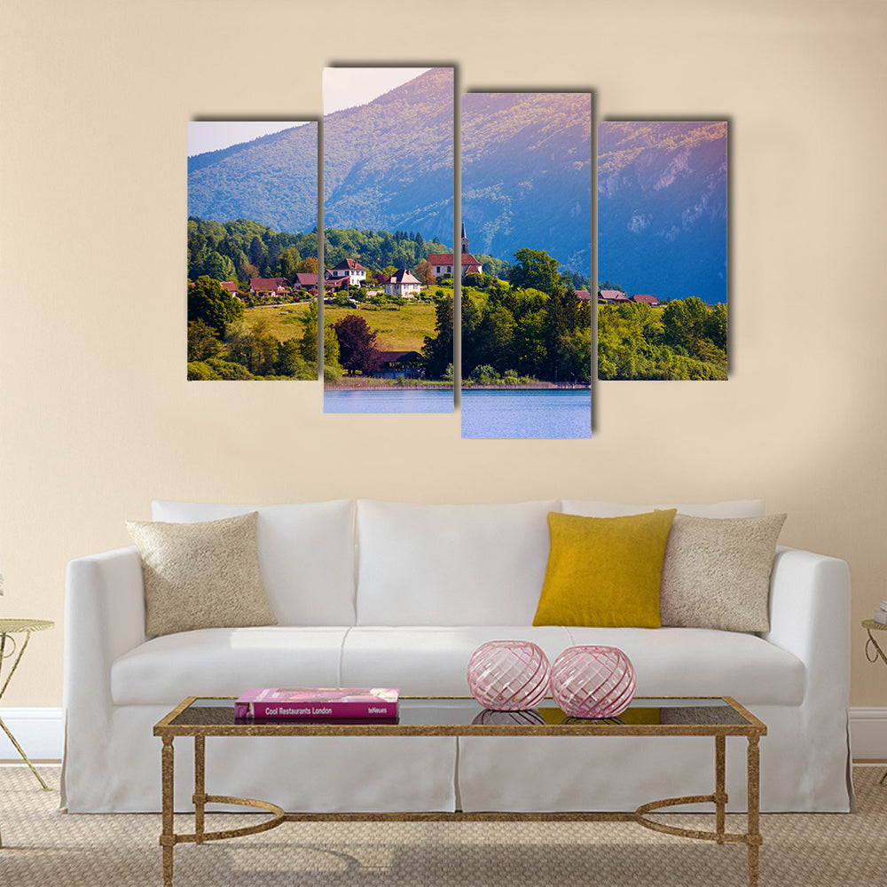 Lac d'aiguebelette and village on it, located near Alps in France multi panel canvas wall art