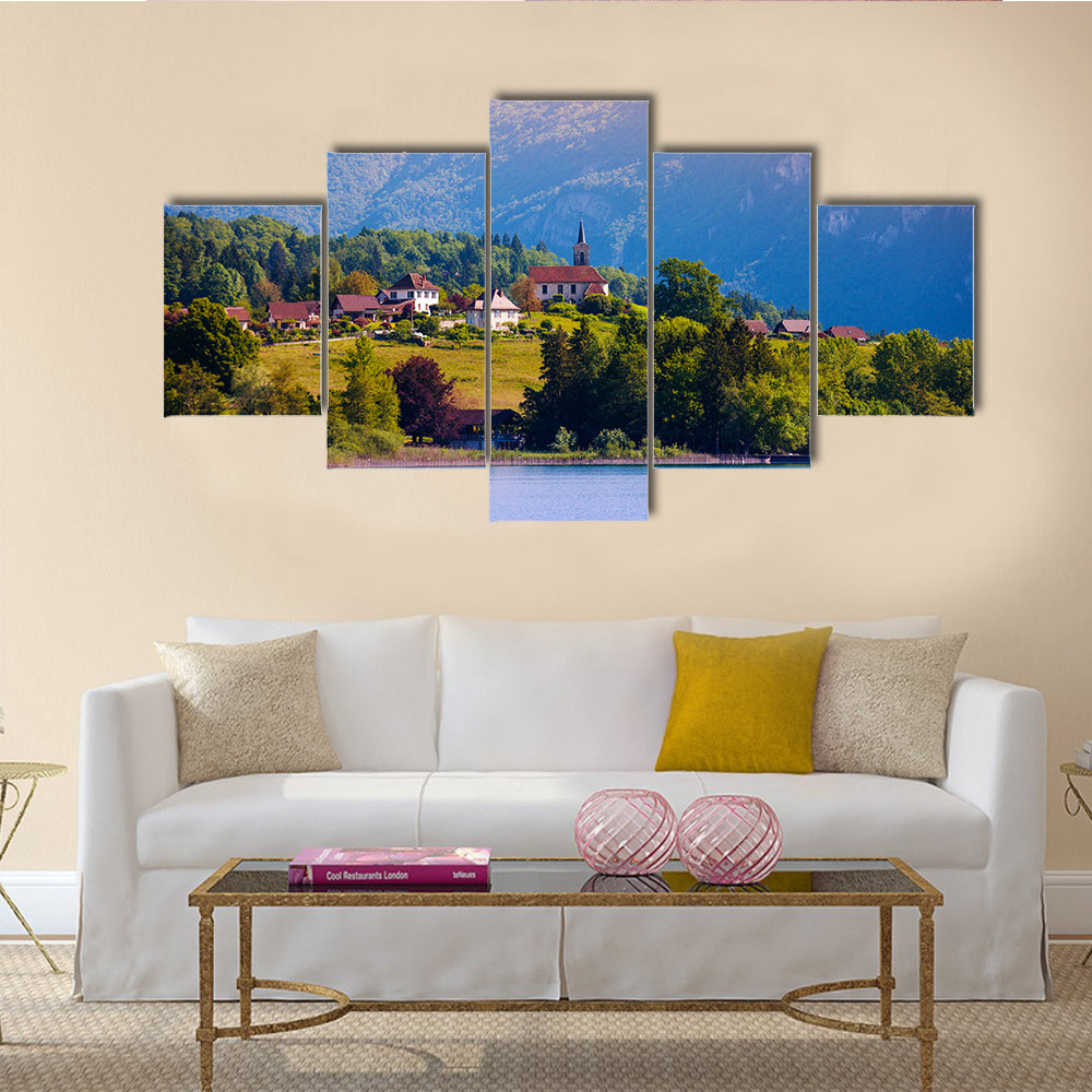 Lac d'aiguebelette and village on it, located near Alps in France multi panel canvas wall art