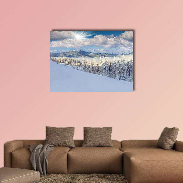 Panorama of the foggy winter morning in mountains multi panel canvas wall art