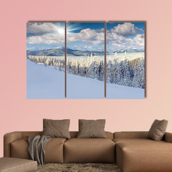 Panorama of the foggy winter morning in mountains multi panel canvas wall art