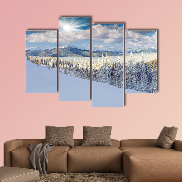 Panorama of the foggy winter morning in mountains multi panel canvas wall art