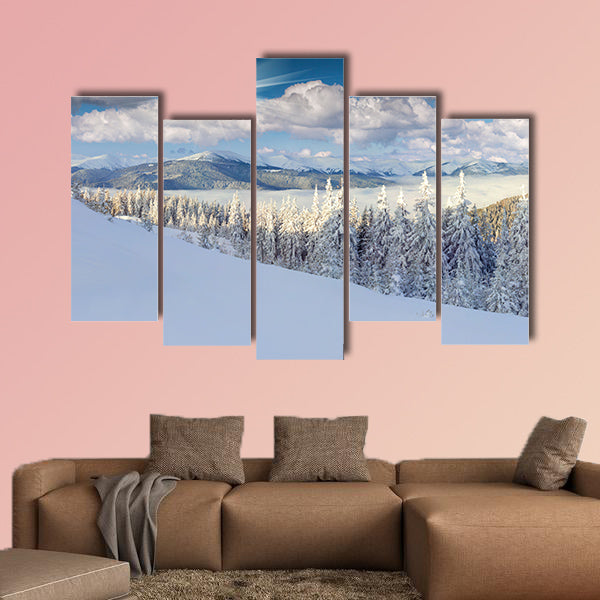 Panorama of the foggy winter morning in mountains multi panel canvas wall art