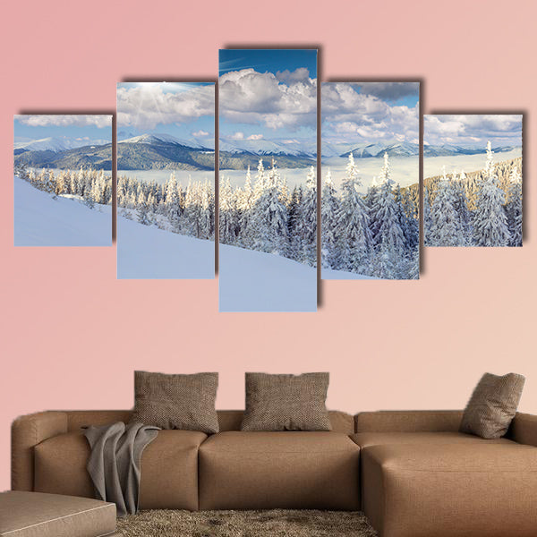Panorama of the foggy winter morning in mountains multi panel canvas wall art