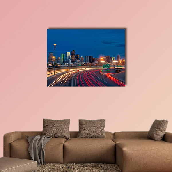 Denver Skyline at dusk with car trails in Colorado multi panel canvas wall art