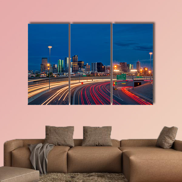 Denver Skyline at dusk with car trails in Colorado multi panel canvas wall art