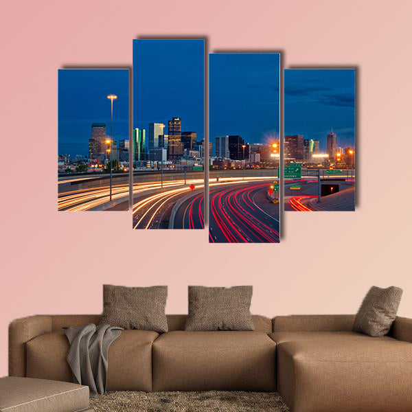 Denver Skyline at dusk with car trails in Colorado multi panel canvas wall art