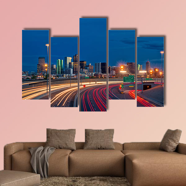 Denver Skyline at dusk with car trails in Colorado multi panel canvas wall art