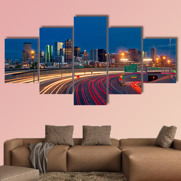 Denver Skyline at dusk with car trails in Colorado multi panel canvas wall art