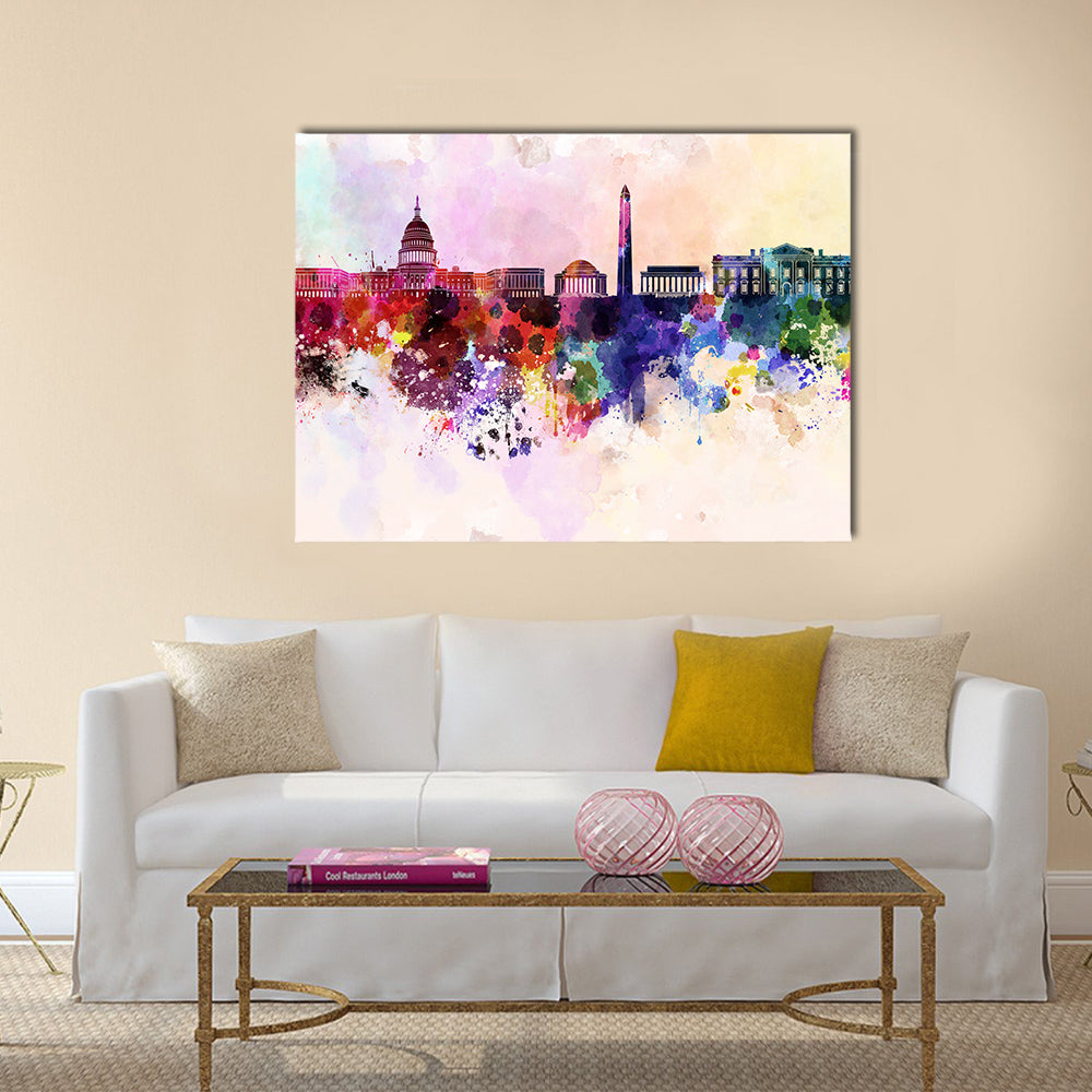 Washington DC skyline in watercolor background Multi panel canvas wall art