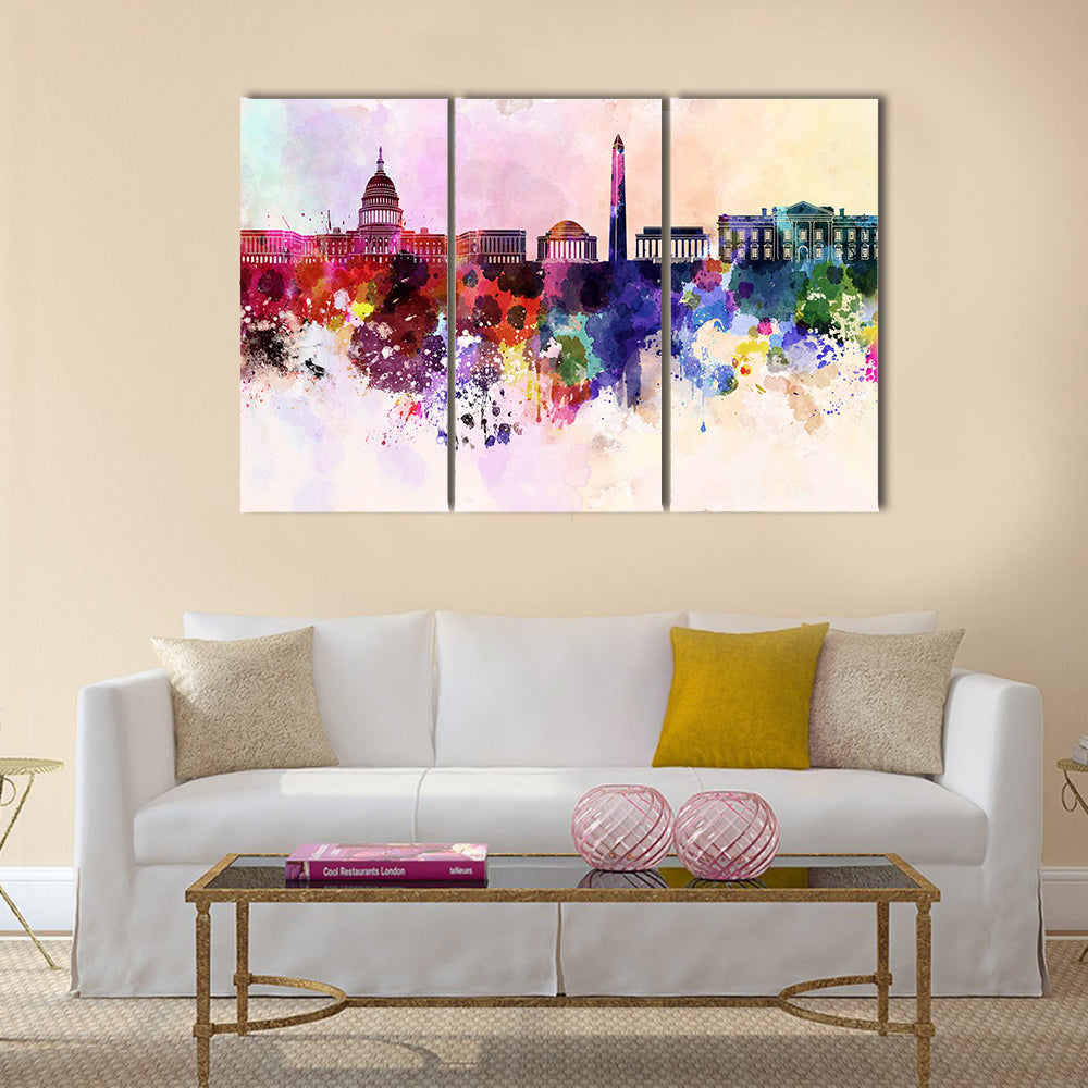 Washington DC skyline in watercolor background Multi panel canvas wall art