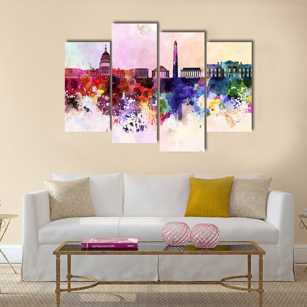 Washington DC skyline in watercolor background Multi panel canvas wall art