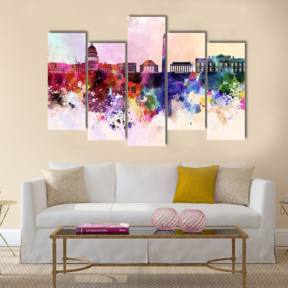 Washington DC skyline in watercolor background Multi panel canvas wall art
