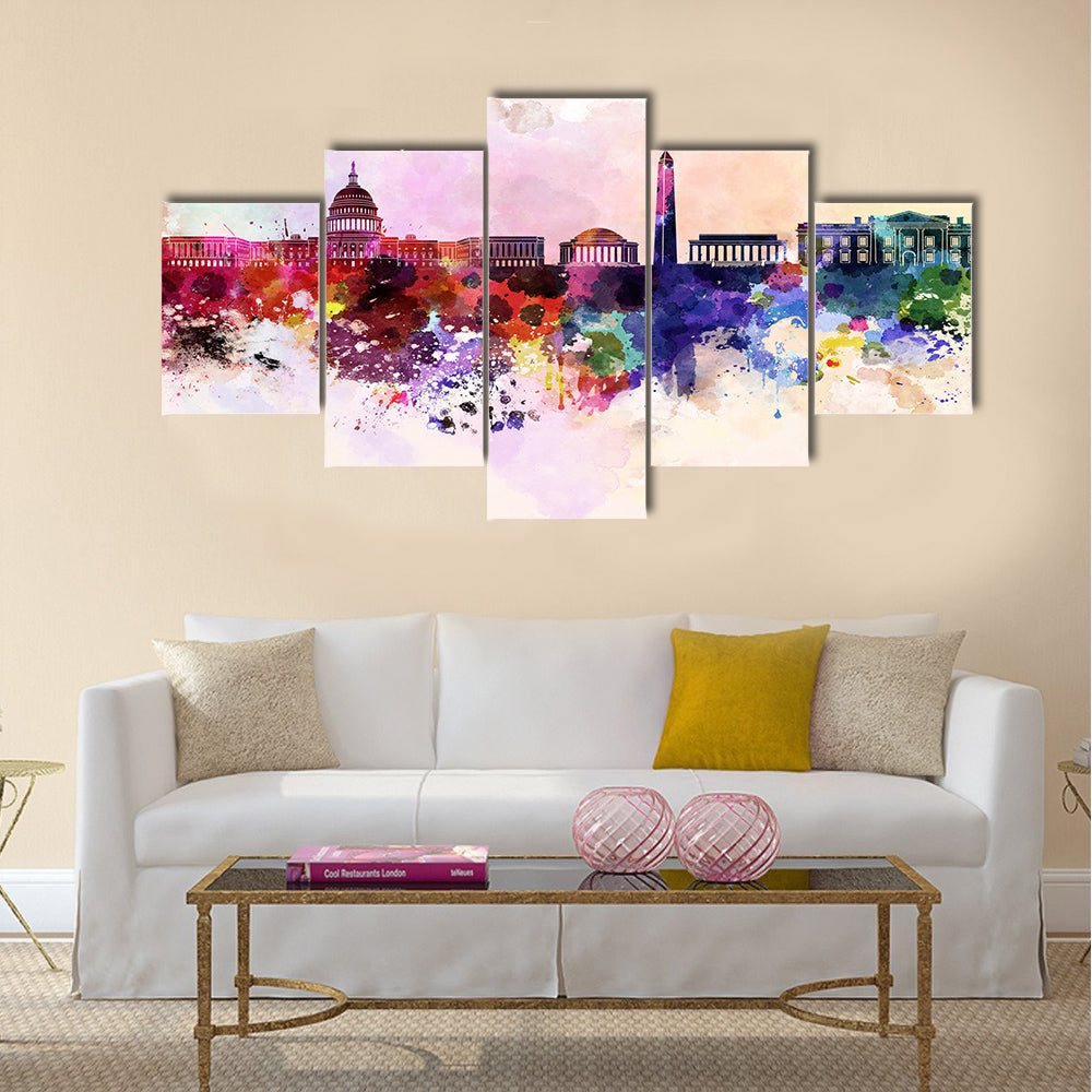 Washington DC skyline in watercolor background Multi panel canvas wall art