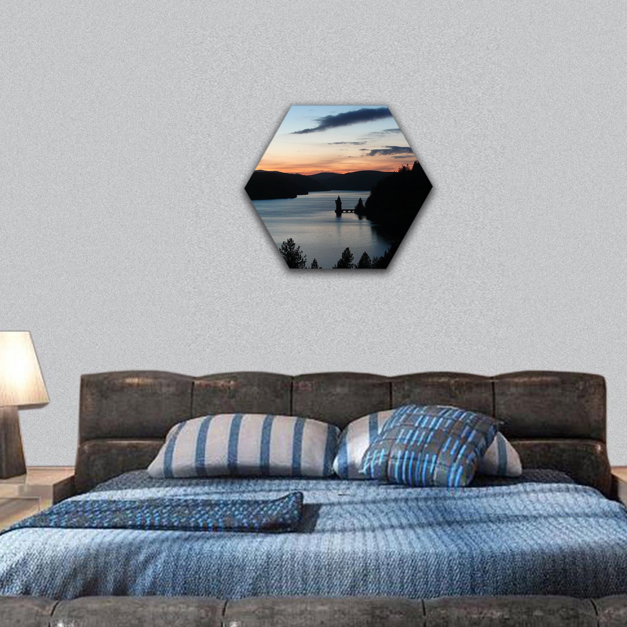 Lake Vernwy dam Wales in sunset silhouette hexagonal canvas wall art