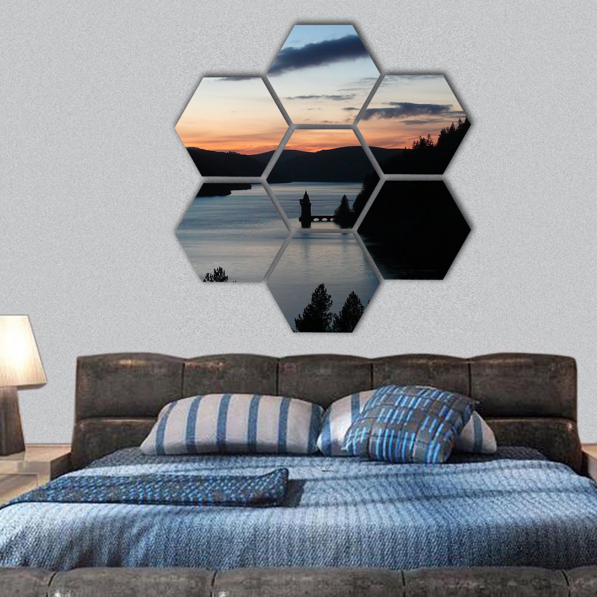 Lake Vernwy dam Wales in sunset silhouette hexagonal canvas wall art