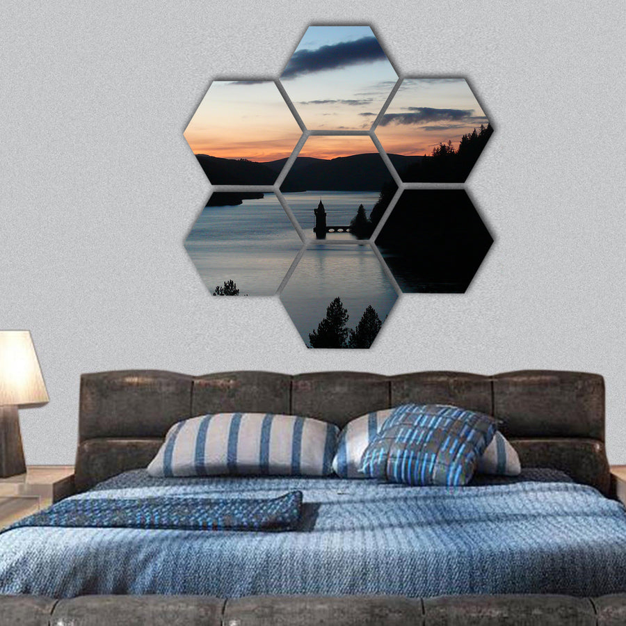 Lake Vernwy dam Wales in sunset silhouette hexagonal canvas wall art