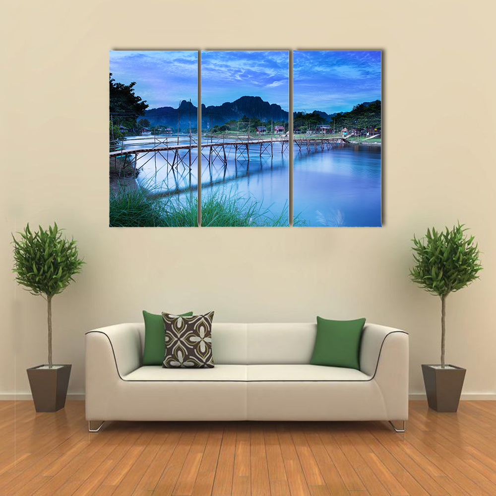 The Nam Sang River Across The Country Bridge, A Tourism Oriented Riverside And Backpacker Paradise, Laos, Multi Panel Canvas Wall Art