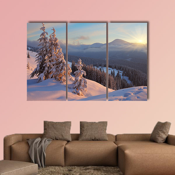 Colorful sunrise in the mountains in winter multi panel canvas wall art