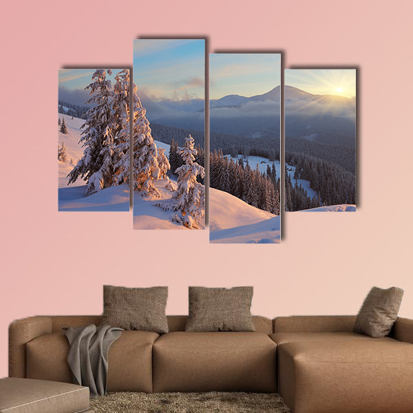 Colorful sunrise in the mountains in winter multi panel canvas wall art