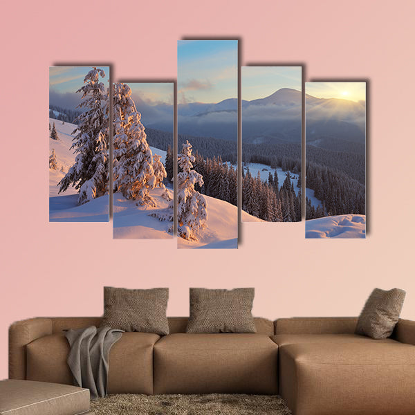 Colorful sunrise in the mountains in winter multi panel canvas wall art
