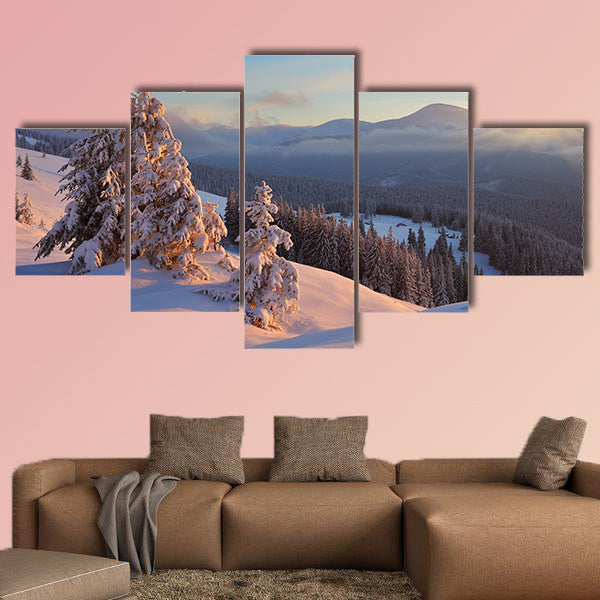 Colorful sunrise in the mountains in winter multi panel canvas wall art
