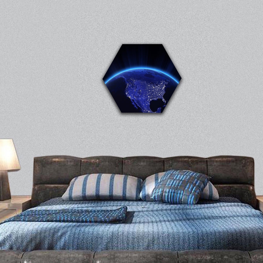 USA city lights at night  hexagonal canvas wall art