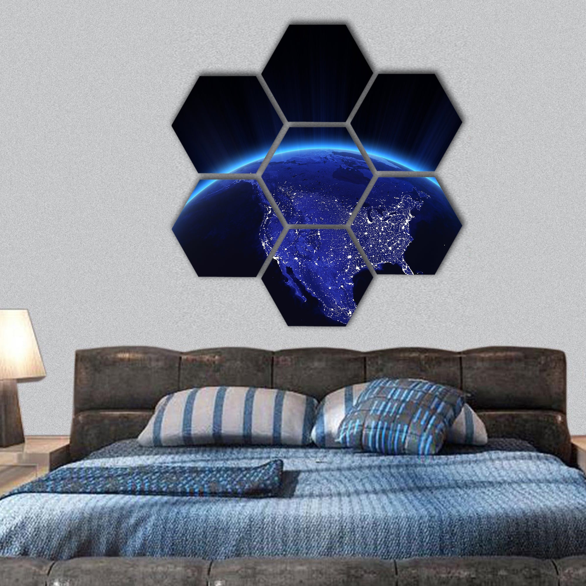 USA city lights at night  hexagonal canvas wall art