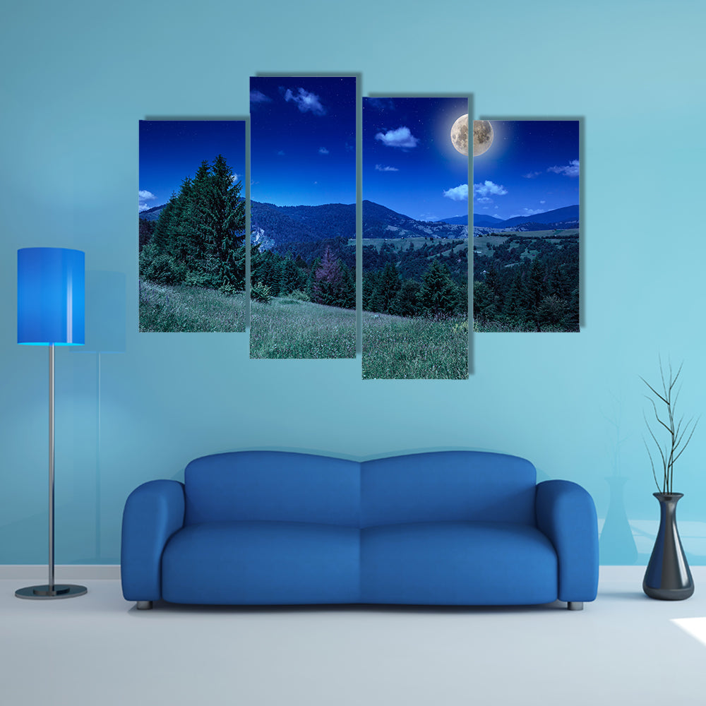 The mountain view From Green Meadow On Summer Night Multi Panel Canvas Wall Art