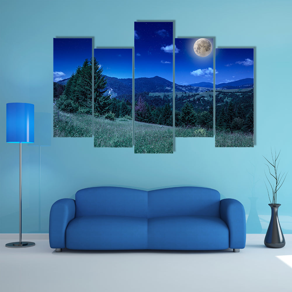The mountain view From Green Meadow On Summer Night Multi Panel Canvas Wall Art