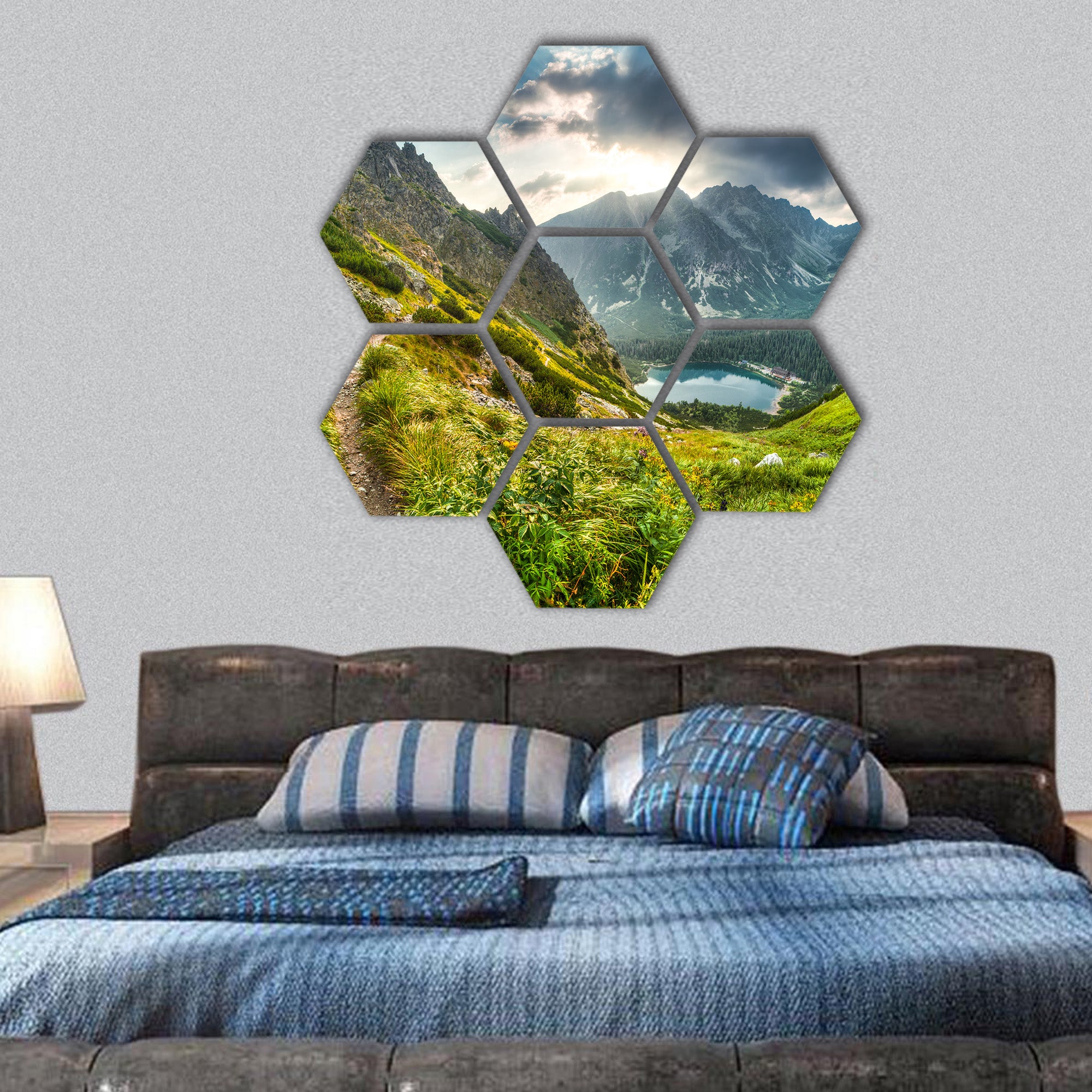 Mountain landscape with mountain chalet, Slovakia hexagonal canvas wall art