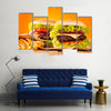 Delicious hamburgers on wood Multi panel canvas wall art