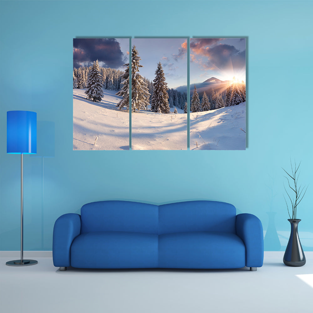 A Beautiful Winter Sunrise With Snow Covered Trees Multi Panel Canvas Wall Art