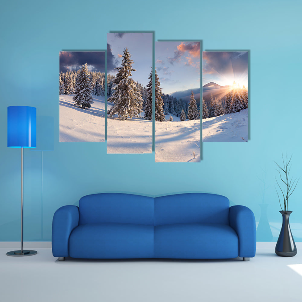 A Beautiful Winter Sunrise With Snow Covered Trees Multi Panel Canvas Wall Art