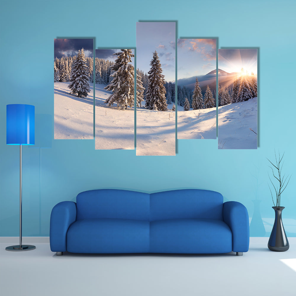 A Beautiful Winter Sunrise With Snow Covered Trees Multi Panel Canvas Wall Art