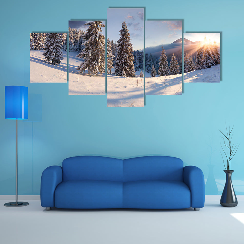 A Beautiful Winter Sunrise With Snow Covered Trees Multi Panel Canvas Wall Art