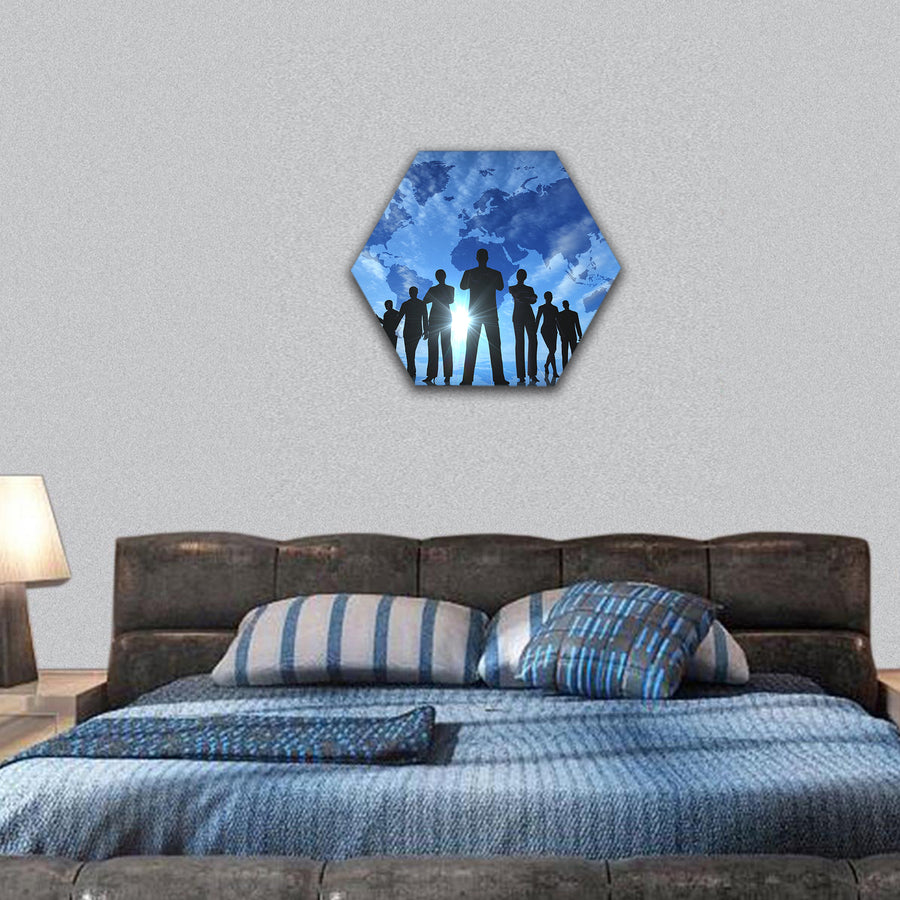 Global team business people silhouettes  hexagonal canvas wall art