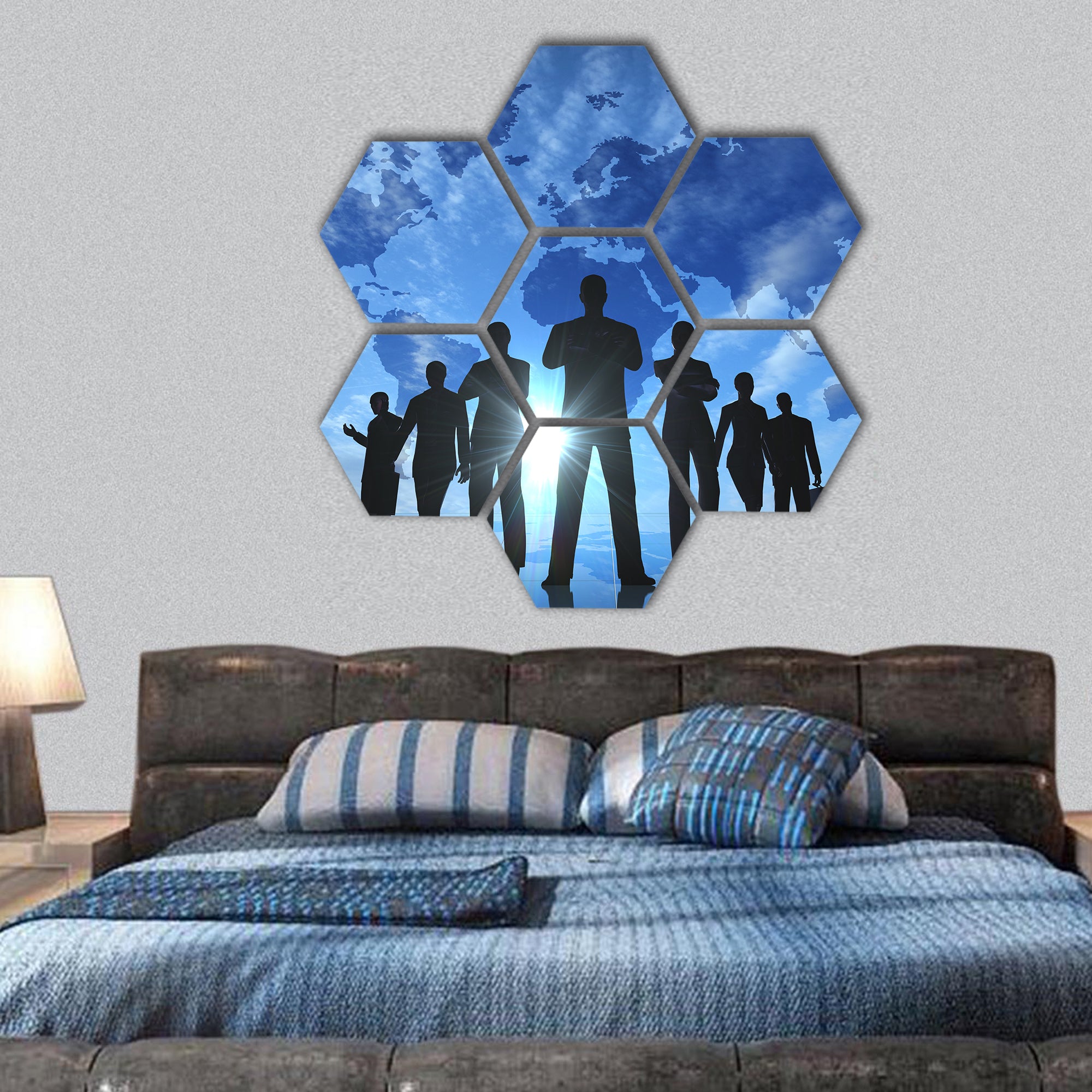 Global team business people silhouettes  hexagonal canvas wall art