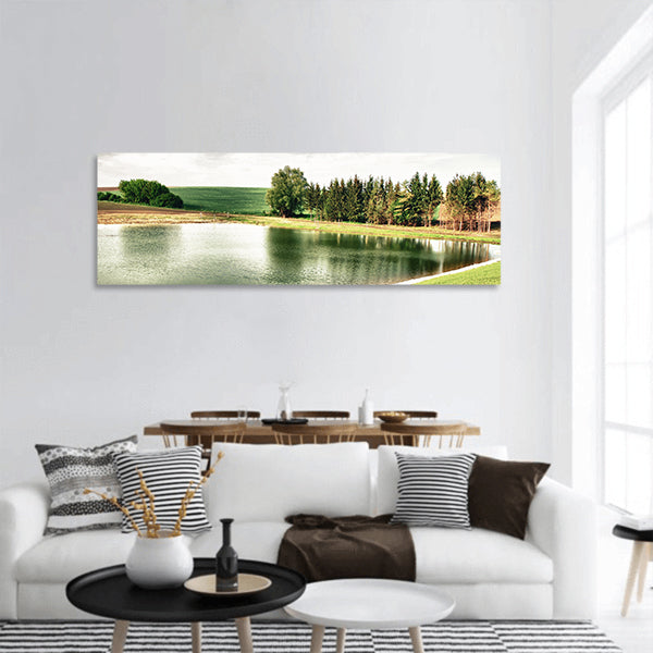 Nature lake with trees and green grass panoramic canvas wall art