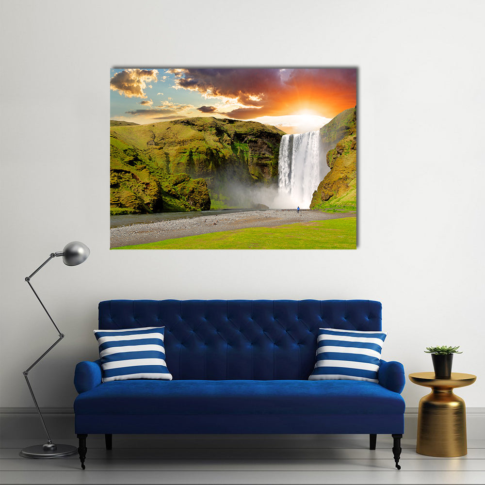 Famous waterfall Skogafoss in Iceland at sunset Multi Panel Canvas Wall Art
