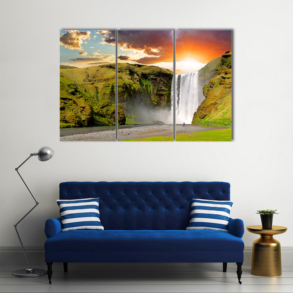 Famous waterfall Skogafoss in Iceland at sunset Multi Panel Canvas Wall Art
