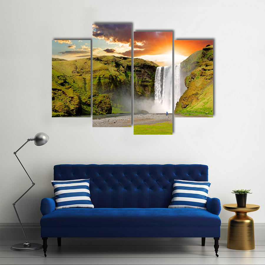 Famous waterfall Skogafoss in Iceland at sunset Multi Panel Canvas Wall Art