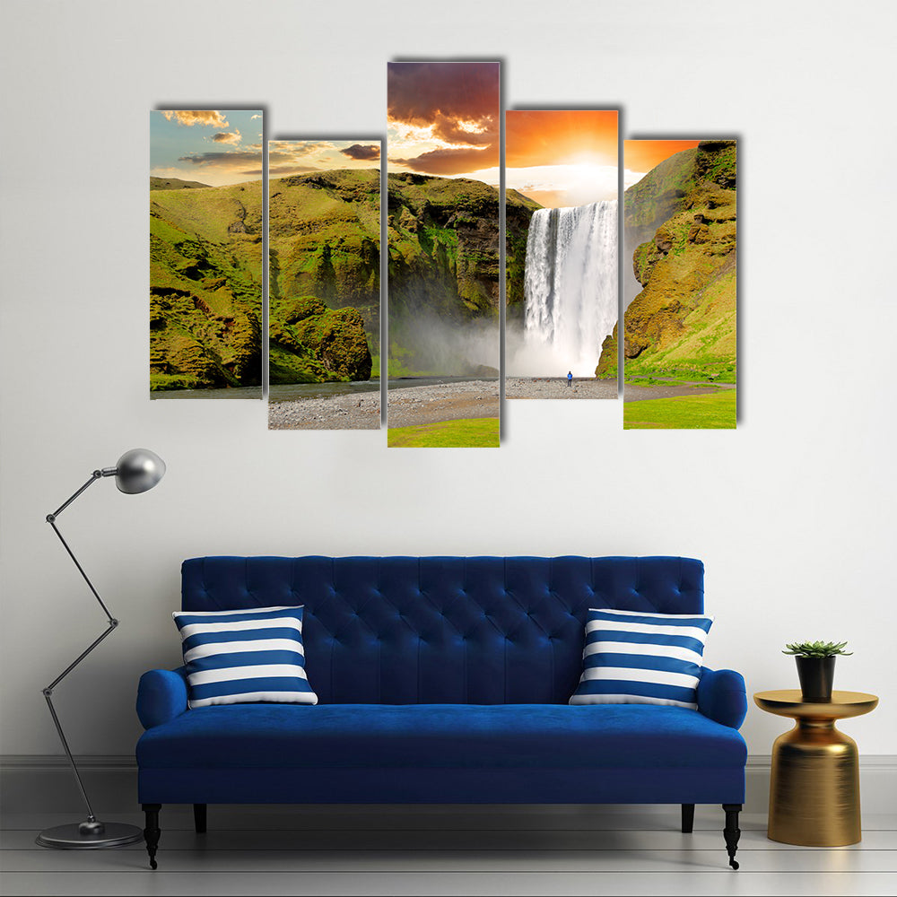 Famous waterfall Skogafoss in Iceland at sunset Multi Panel Canvas Wall Art
