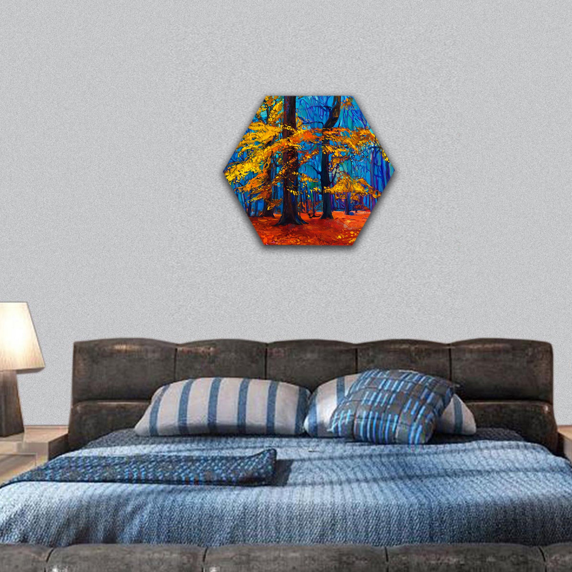Original oil painting showing beautiful Autumn tree hexagonal canvas wall art
