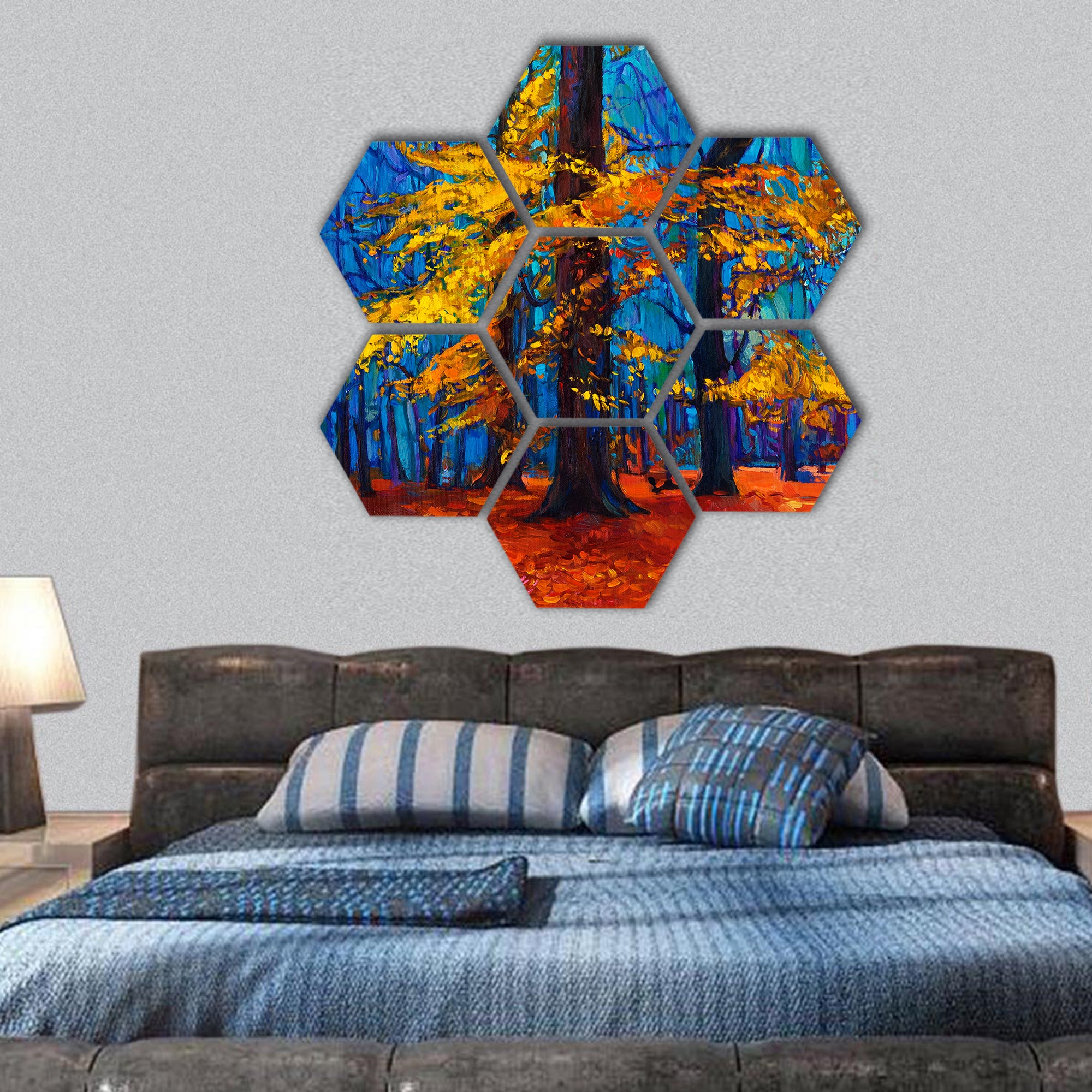 Original oil painting showing beautiful Autumn tree hexagonal canvas wall art