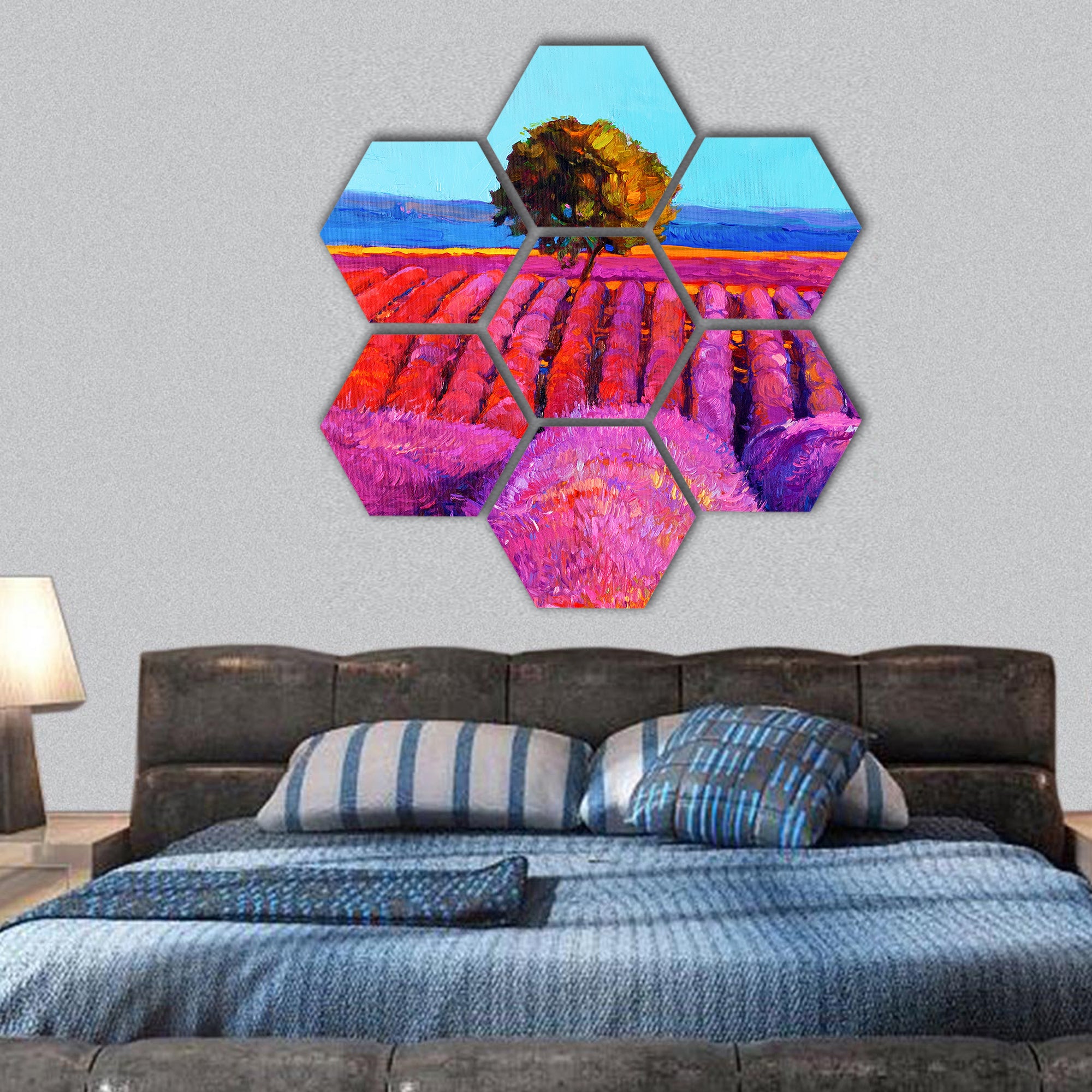 oil painting of lavender fields hexagonal canvas wall art