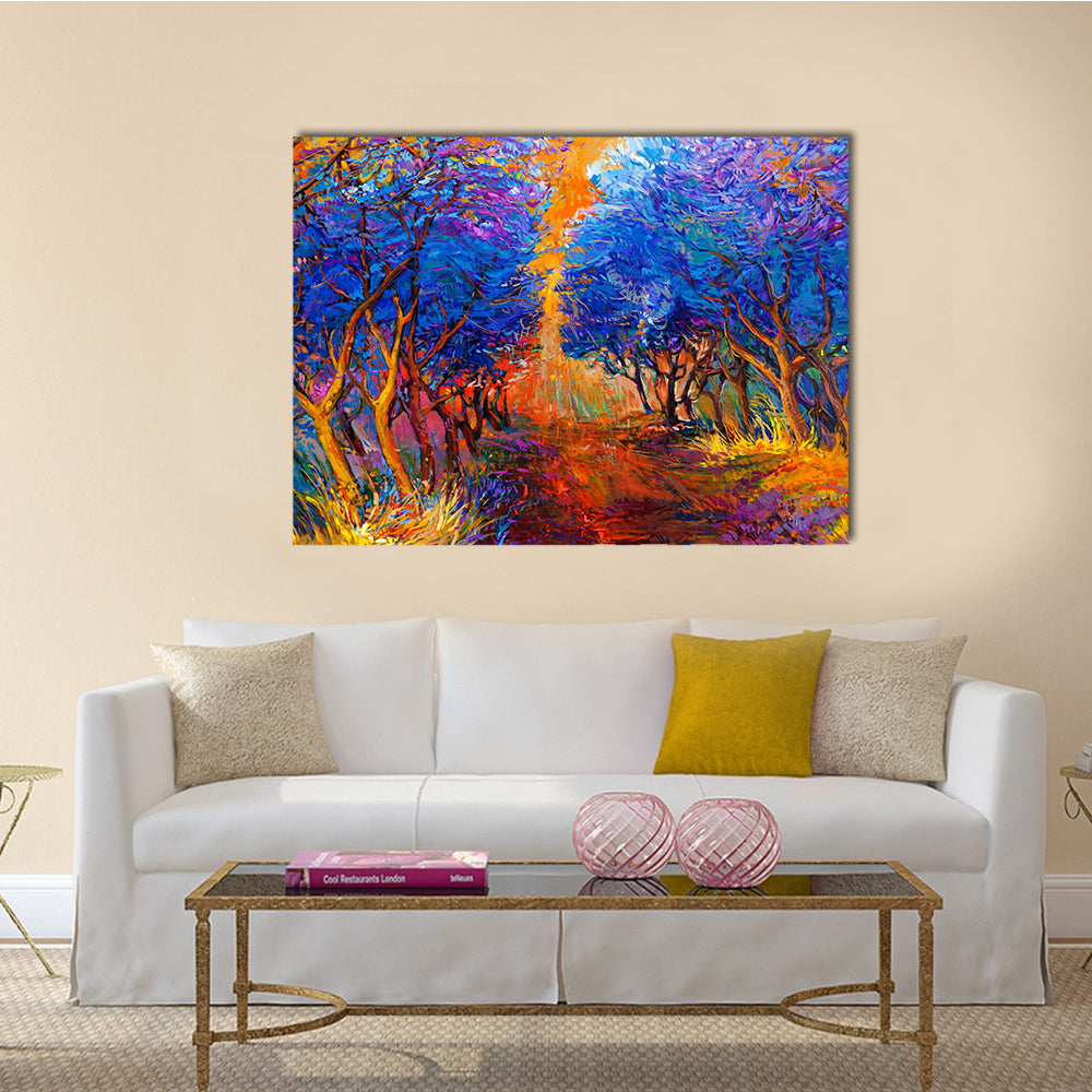 A Wonderful Original Oil Painting Showing The Beautiful Sunset Landscape In Autumn Forest Multi Panel Canvas Wall Art