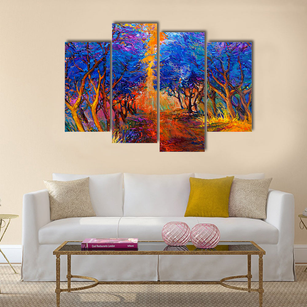 A Wonderful Original Oil Painting Showing The Beautiful Sunset Landscape In Autumn Forest Multi Panel Canvas Wall Art
