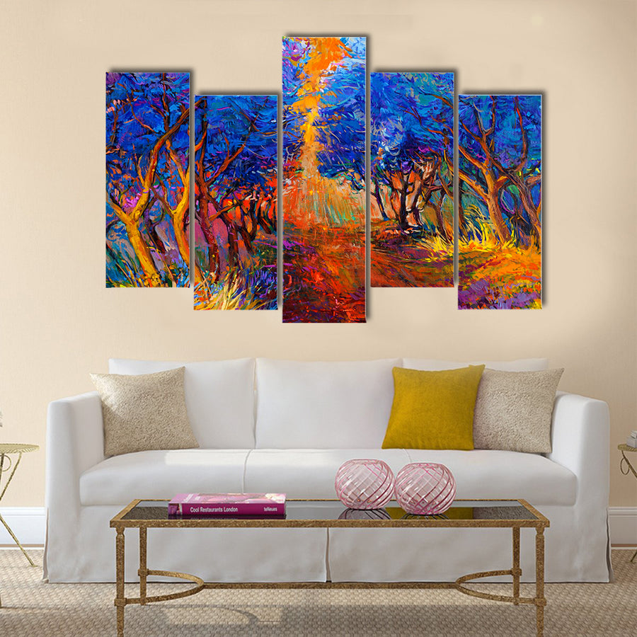 A Wonderful Original Oil Painting Showing The Beautiful Sunset Landscape In Autumn Forest Multi Panel Canvas Wall Art