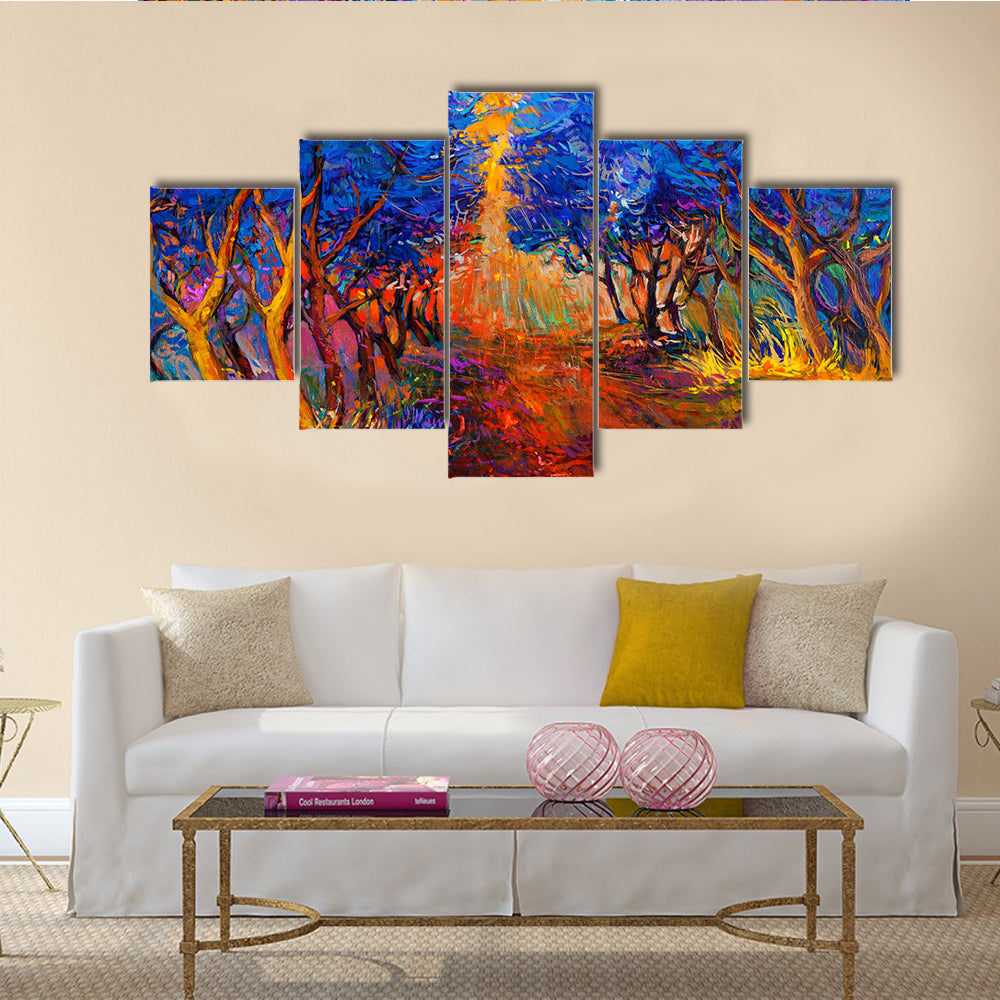 A Wonderful Original Oil Painting Showing The Beautiful Sunset Landscape In Autumn Forest Multi Panel Canvas Wall Art