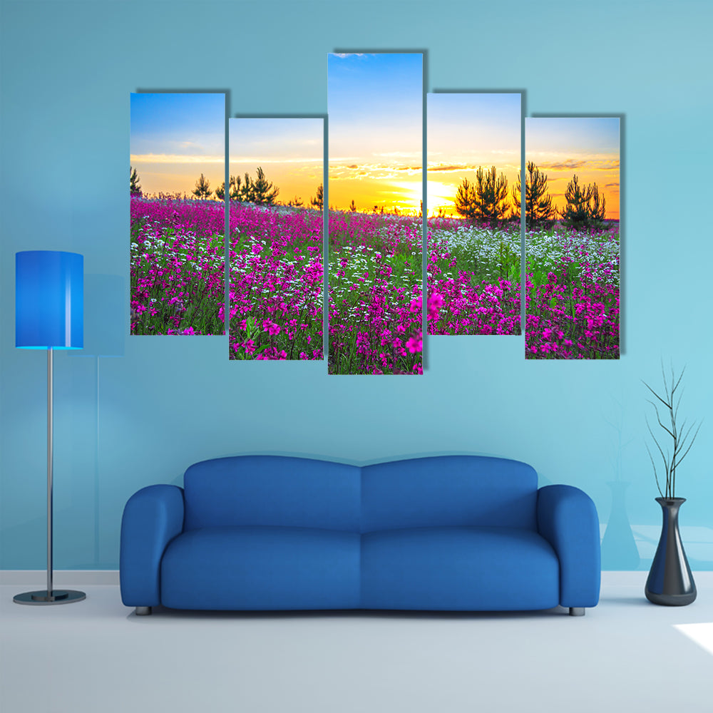 Flowers With The Sunrise And The Calmness Of The Morning, Multi Panel Canvas Wall Art